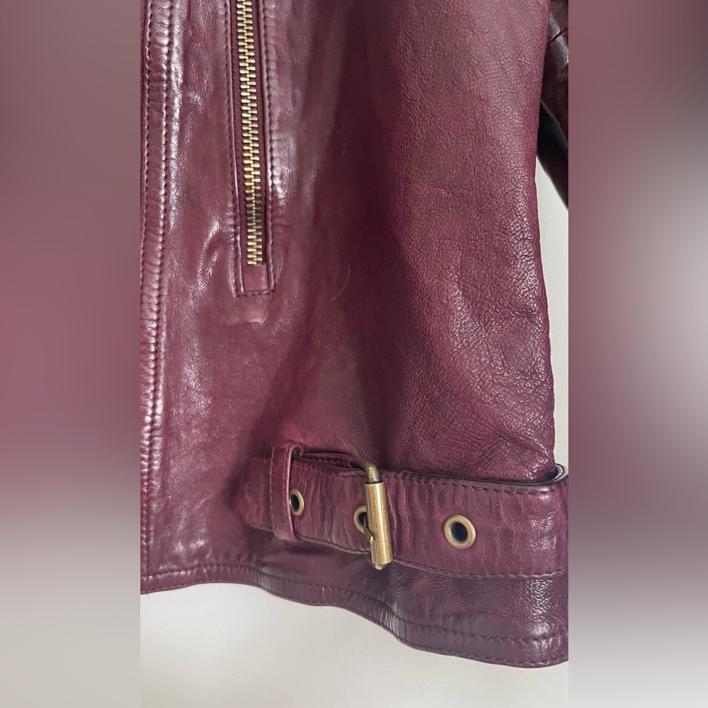 New Lauren Ralph Lauren Wine-Red Color Leather Moto Cafe  Racer Jacket Women’s - Picture 15 of 16